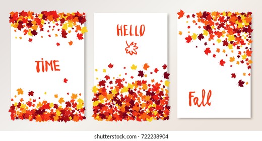 Banners set with scattered maple leaves in traditional Fall colors - orange, yellow, red, brown. Vector flyer templates for postcards, advertise design, gift certificates. All isolated and layered
