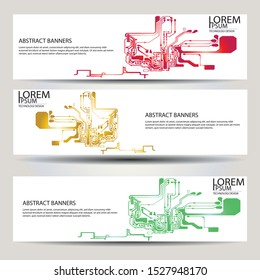 banners set, science backgrounds, microchip and electronics circuit backgrounds. Conceptual vector design templates. Modern abstract banner design, business design and website templates.