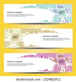 banners set, science backgrounds, microchip and electronics circuit backgrounds. Conceptual vector design templates. Modern abstract banner design, business design and website templates.