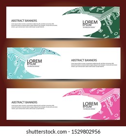 banners set, science backgrounds, microchip and electronics circuit backgrounds. Conceptual vector design templates. Modern abstract banner design, business design and website templates.