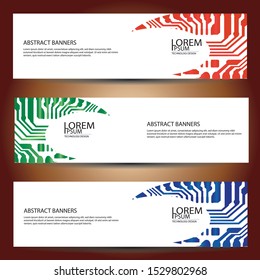 banners set, science backgrounds, microchip and electronics circuit backgrounds. Conceptual vector design templates. Modern abstract banner design, business design and website templates.