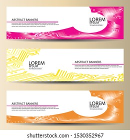banners set, science backgrounds, microchip and electronics circuit backgrounds. Conceptual vector design templates. Modern abstract banner design, business design and website templates.