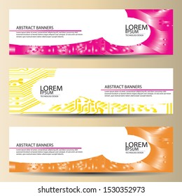 banners set, science backgrounds, microchip and electronics circuit backgrounds. Conceptual vector design templates. Modern abstract banner design, business design and website templates.