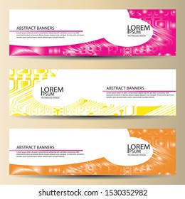 banners set, science backgrounds, microchip and electronics circuit backgrounds. Conceptual vector design templates. Modern abstract banner design, business design and website templates.