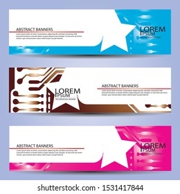 banners set, science backgrounds, microchip and electronics circuit backgrounds. Conceptual vector design templates. Modern abstract banner design, business design and website templates.