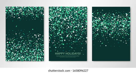 Banners set with sparkle emerald confetti on green back. Vector flyer design templates for wedding, invitation cards, save the date, business brochure design, certificates. All layered and isolated