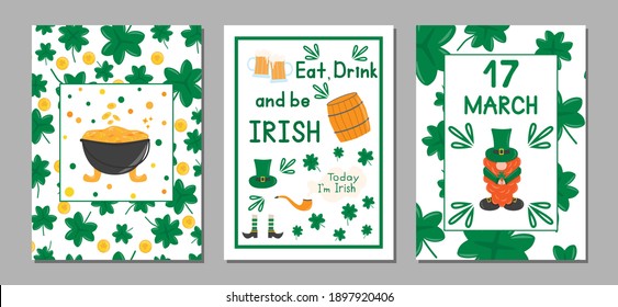 Pancartas preparadas para el día de San Patricio con olla dorada, leprechaun, cerveza, barril, trébol y gnomo irlandés. Diseño para tarjetas de felicitación o postales, invitación festiva, volante, decoración, menú de pub.