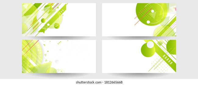 Banners de la ecología de verano set cartel triángulo vector luz futurista mínima hipster geométrico fondo blanco. Líneas verdes y amarillas y puntos gradiente natural