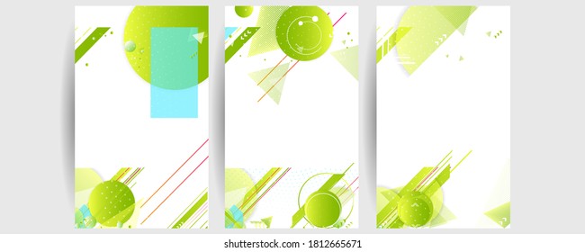 Banner der festgelegten Sommer Ökologie Poster Dreieck Vektorgrafik futuristischen Licht minimalen geometrischen hipster weißen Hintergrund. Grüne und gelbe Linien und Gefälle natürliche