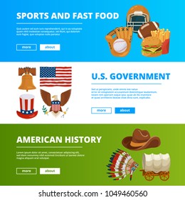 Banners set with symbols of american culture. Vector american culture and sport, fast food illustration