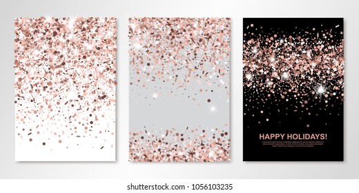 Banners Set Of Three Sheets With Rose Gold Confetti. Vector Flyer Design Templates For Wedding, Invitation Cards, Save The Date, Business Brochure Design, Certificates. All Layered And Isolated