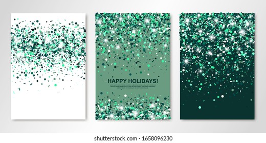 Banners set of three sheets with shimmer emerald confetti. Vector flyer design templates for wedding, invitation cards, save the date, business brochure design, certificates. All layered and isolated