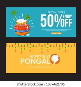 Banners set for traditional Indian festival Pongal. Happy Pongal greeting background with 50% Discount,