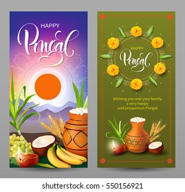 Banners set for traditional Indian festival Pongal. Makar Sankranti background. Vector illustration.