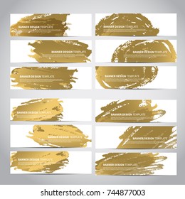 Banners. Set of trendy gold vector banners template or website headers with watercolor imitation background. Advertising banners with gold watercolor spots. Design for banner. card, header, background