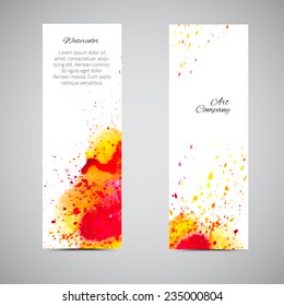 Banners set. Vector colorful label. Template business card. Vector watercolor banner. Watercolor splash banner. Handmade trendy card. Yellow and red blot. Company name card. Vector abstract watercolor