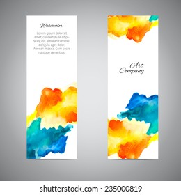 Banners set. Vector colorful label. Template business card. Company name card. Vector watercolor banner. Handmade trendy card. Yellow and blue  blot. Vector abstract watercolor background. 