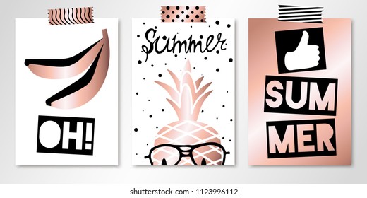 Banners set of vector summer cards with bananas, pineapple and thumb up. Vector flyer design templates in rose gold colors.  All layered and isolated