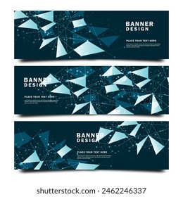 Banners set with wireframe mesh polygonal elements. Connected lines and dots. Connection Structure. Geometric Modern Technology Concept