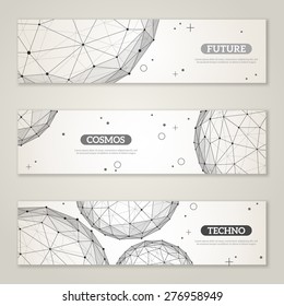 Banners set with wireframe mesh polygonal elements. Spheres with connected lines and dots. Connection Structure. Geometric Modern Technology Concept. Abstract molecules design. Medical background