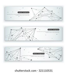 Banners set with wireframe mesh polygonal elements. Connected lines and dots. Connection Structure. Geometric Modern Technology Concept. Abstract molecules design. Medical background