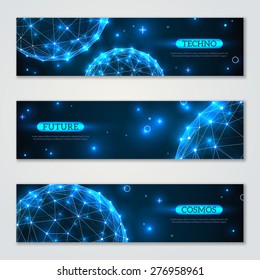 Banners set with wireframe polygonal elements. Shining spheres with connected lines and dots. Connection Structure. Geometric Modern Technology Concept. Abstract molecules design. Medical background