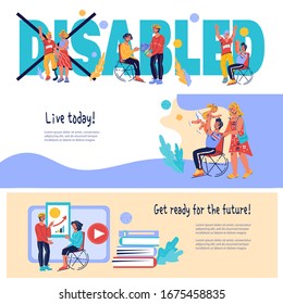 Banners set for World for Disability Day with invalid positive people living active life. Healthcare assistance, social rehabilitation and accessibility for handicapped. Vector cartoon illustration.