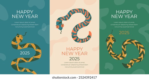 Banners set of Year of the snake card. Happy new year poster. Vector illustration symbol 2025. Abstract cartoon snakes. Animal zodiac, Chinese lunar calendar. Design template greeting postcard, print