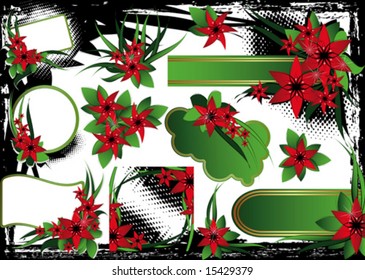 Banners set for your text, decorated with floral green, red and black and grunge elements on a white background. VECTOR (See Jpeg Also In My Portfolio)