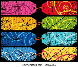Banners set for your text, decorated with floral and grunge elements on a purple, orange, red, yellow, blue, blue, white background.  VECTOR (See Jpeg Also In My Portfolio)