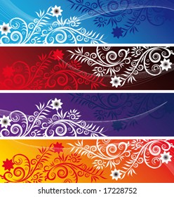 Banners set for your text decorated with floral patterns of branches and leaves on blue, orange, red, purple background