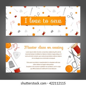 Banners with sewing tools and space for text. Vector template. Card with accessories for needlework and embroidery.