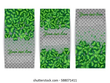 Banners with shamrock background on a transparent backdrop. Spring set for design Saint Patricks Day