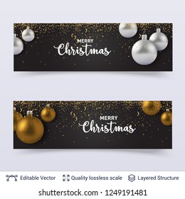 Banners with shiny fir tree toy balls and text. Christmas and New Year holiday template. Golden and silver decorations.