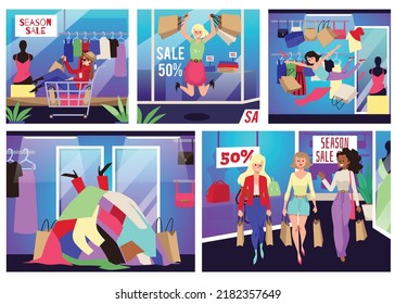 Banners With Shopaholics Or Customers In The Store Buying A Lot Of Clothes And Shoes. People Shopping Non-stop For Seasonal Sales Or Discounts, Flat Vector Illustration.