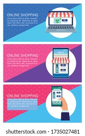 banners shopping online with laptop and smartphones vector illustration design
