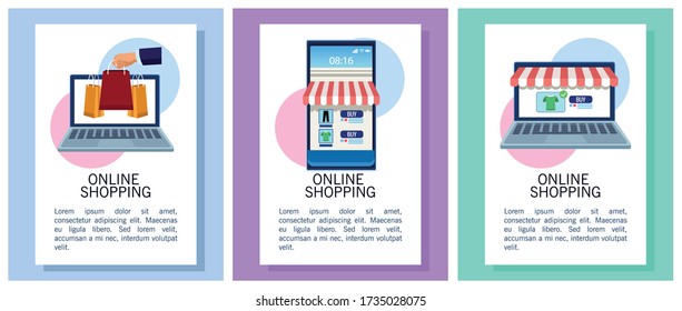 banners shopping online with laptops and smartphone vector illustration design
