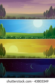 Banners Showing Day Sequence - Morning, Noon, Evening And Night.