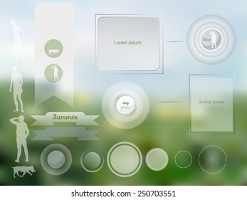 banners, silhouettes and web elements on a blurred background. Trees blurred background.