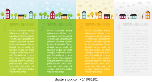 Banners with small town in different seasons. Vector illustration.