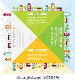Banners with small town in different seasons. Vector illustration.