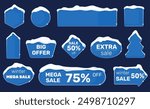 Banners with snow ice caps. Winter sales. Christmas or New Year discount. Cold season. Different shapes covered with snowdrifts. Shop special offer. Frost design