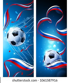 Banners Soccer Ball with Flag of Russia on a Blue Background. Vector illustration