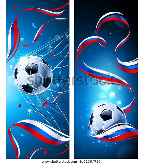 青の背景にサッカーボールとロシアの国旗 ベクターイラスト のベクター画像素材 ロイヤリティフリー