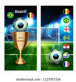 Banners Soccer Ball with gold cup and flag of countries with football field background. Vector