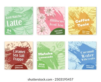 Banners with special offer including chilled drinks such as iced matcha latte and iced hibiscus, available only today and perfect for summer.