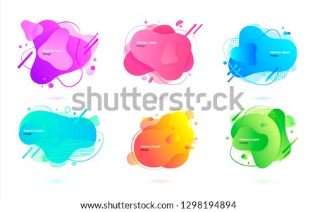 Banners with splashes of color vector, isolated abstract liquid design. Marks on decoration, cross and dots, circles and lines, blue and pink templates