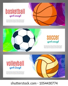 Banners with sports balls - basketball, volleyball, football. Sports tournaments in basketball, volleyball, soccer with discounts, sale. Vector Illustration.