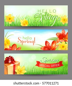 Banners with spring greeting. Vector set. 