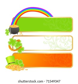 Banners for St. Patrick's day in Irish flag colors and holiday symbols - Leprechaun hat, pot of gold and horseshoe